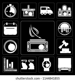 Set Of 13 simple editable icons such as Writer, Ancient, Watches, Chatting, Bars chart, Decree, Customer service, School material, Wall calendar on black background