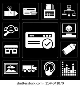 Set Of 13 simple editable icons such as Browser, Profits, Tap, Delivery truck, Image, Tag, Shop, Layers, Hiring on black background