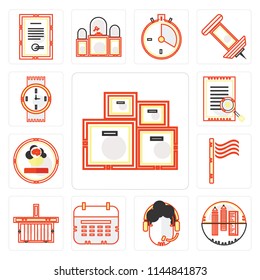 Set Of 13 simple editable icons such as Packing, School material, Customer service, Wall calendar, Online store, Maps and Flags, Studying, Archive, Watches, web ui icon pack