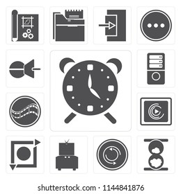 Set Of 13 simple editable icons such as Alarm, Hourglass, Repeat, Television, Music player, Film, Server, Push pin, web ui icon pack
