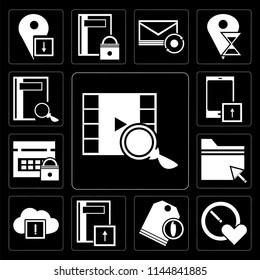 Set Of 13 simple editable icons such as Video player, Stopwatch, Price tag, Notebook, Cloud computing, Folder, Calendar, Smartphone, Notebook on black background