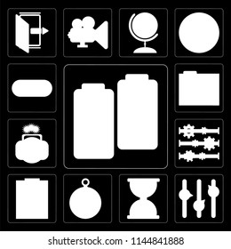 Set Of 13 simple editable icons such as Battery, Volume control, Hourglass, Compass, Notepad, Settings, Photos, Folder, Switch on black background