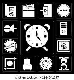 Set Of 13 simple editable icons such as Alarm, Hourglass, Repeat, Television, Music player, Film, Server, Push pin on black background