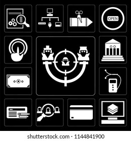Set Of 13 simple editable icons such as Target, Layers, Cit card, Hiring, Browser, Video player, Money, Bank, Tap on black background