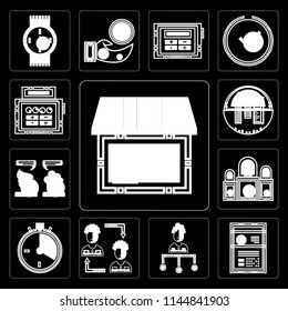 Set Of 13 simple editable icons such as Online store, Curriculum, Boss, Businessman, Racing, Judging, Chatting, School material, Calculating on black background