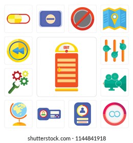 Set Of 13 simple editable icons such as Exit, Infinity, , Id card, Worldwide, Video player, Settings, Volume control, Rewind, web ui icon pack