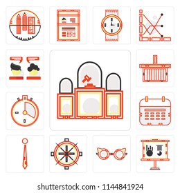 Set Of 13 simple editable icons such as Judging, Business presentation, Reading glasses, Sailing boat, Accessory, Wall calendar, Racing, Online store, Chatting, web ui icon pack