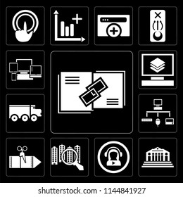 Set Of 13 simple editable icons such as Link, Bank, Video player, Analytics, Coupon, Sitemap, Delivery truck, Layers, Responsive on black background