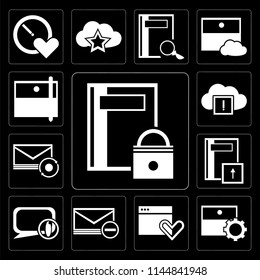 Set Of 13 simple editable icons such as Notebook, Archive, Browser, Envelope, Speech bubble, Mail, Cloud computing, Archive on black background