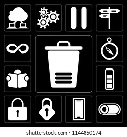 Set Of 13 simple editable icons such as Trash, Switch, Smartphone, Lock, Locked, Battery, Reading, Compass, Infinity on black background