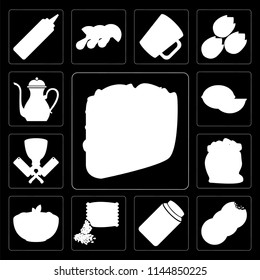 Set Of 13 simple editable icons such as Taco, Cookies, Honey, Seeds, Pasta, Flour, Butcher, Lime, Teapot on black background