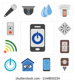 Set Of 13 simple editable icons such as Smartphone, Plug, Remote, Smart home, Power, Wifi, Cooler, Intercom, web ui icon pack