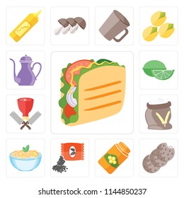 Set Of 13 simple editable icons such as Taco, Cookies, Honey, Seeds, Pasta, Flour, Butcher, Lime, Teapot, web ui icon pack