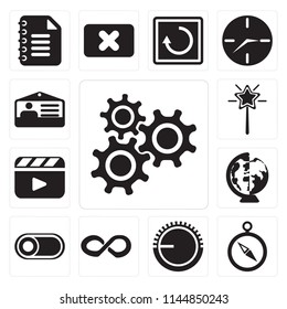 Set Of 13 simple editable icons such as Settings, Compass, Volume control, Infinity, Switch, Worldwide, Video player, Magic wand, Id card, web ui icon pack