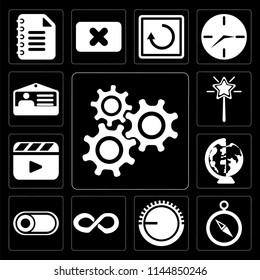 Set Of 13 simple editable icons such as Settings, Compass, Volume control, Infinity, Switch, Worldwide, Video player, Magic wand, Id card on black background