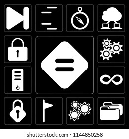 Set Of 13 simple editable icons such as Equal, Folder, Settings, Flag, Lock, Infinity, Server, Locked on black background