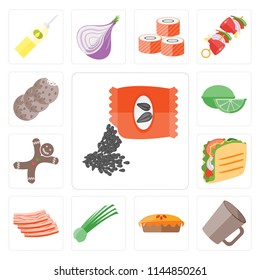 Set Of 13 simple editable icons such as Seeds, Mug, Pie, Chives, Bacon, Taco, Gingerbread, Lime, Cookies, web ui icon pack