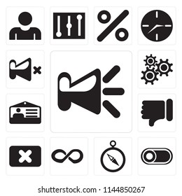 Set Of 13 simple editable icons such as Speaker, Switch, Compass, Infinity, Close, Dislike, Id card, Settings, Mute, web ui icon pack