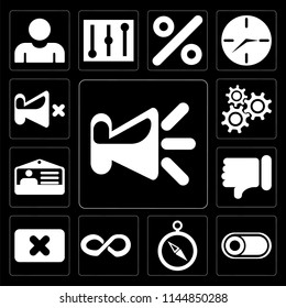 Set Of 13 simple editable icons such as Speaker, Switch, Compass, Infinity, Close, Dislike, Id card, Settings, Mute on black background
