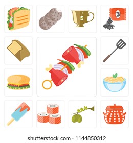 Set Of 13 simple editable icons such as Kebab, Pot, Olives, Sushi, Ice cream, Pasta, Hamburguer, Spatula, Bread, web ui icon pack