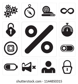Set Of 13 simple editable icons such as Percent, Locked, User, Mute, Battery, Switch, Stop, Stopwatch, Unlocked, web ui icon pack