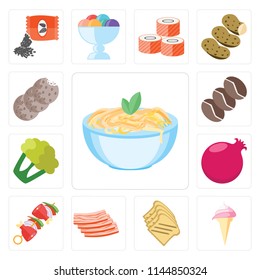Set Of 13 simple editable icons such as Pasta, Ice cream, Toast, Bacon, Kebab, Pomegranate, Cauliflower, Coffee, Cookies, web ui icon pack