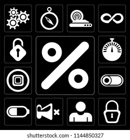 Set Of 13 simple editable icons such as Percent, Locked, User, Mute, Battery, Switch, Stop, Stopwatch, Unlocked on black background