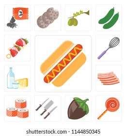 Set Of 13 simple editable icons such as Hot dog, Jawbreaker, Hazelnut, Knives, Sushi, Bacon, Dairy, Whisk, Kebab, web ui icon pack