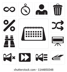 Set Of 13 simple editable icons such as Calendar, Notebook, Speaker, Fast forward, Mute, Television, Binoculars, Shuffle, Percent, web ui icon pack