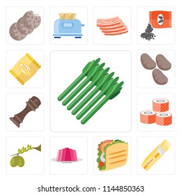 Set Of 13 simple editable icons such as Asparagus, Butter, Taco, Jelly, Olives, Sushi, Pepper, Potatoes, Chips, web ui icon pack