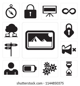 Set Of 13 simple editable icons such as Photos, Hourglass, Settings, Battery, User, Mute, Street, Lock, Cloud computing, web ui icon pack