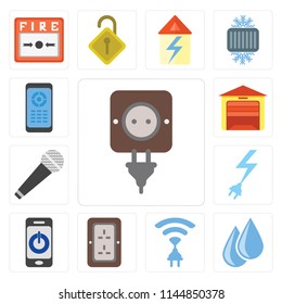 Set Of 13 simple editable icons such as Plug, Water, Wireless, Smartphone, Power, Microphone, Garage, Remote, web ui icon pack