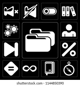 Set Of 13 simple editable icons such as Folder, Compass, Notebook, Infinity, Equal, Percent, Next, User, Settings on black background