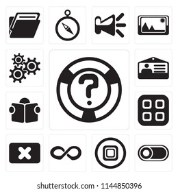 Set Of 13 simple editable icons such as Help, Switch, Stop, Infinity, Close, Menu, Reading, Id card, Settings, web ui icon pack