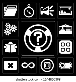 Set Of 13 simple editable icons such as Help, Switch, Stop, Infinity, Close, Menu, Reading, Id card, Settings on black background