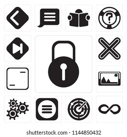 Set Of 13 simple editable icons such as Locked, Infinity, Radar, Menu, Settings, Picture, Frame, Multiply, Skip, web ui icon pack