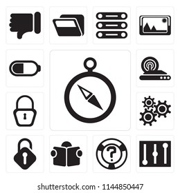 Set Of 13 simple editable icons such as Compass, Controls, Help, Reading, Unlocked, Settings, Locked, Wireless internet, Battery, web ui icon pack