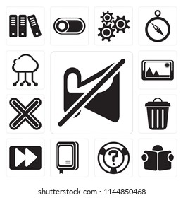 Set Of 13 simple editable icons such as Muted, Reading, Help, Notebook, Fast forward, Garbage, Multiply, Picture, Cloud computing, web ui icon pack