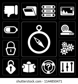 Set Of 13 simple editable icons such as Compass, Controls, Help, Reading, Unlocked, Settings, Locked, Wireless internet, Battery on black background