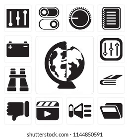 Set Of 13 simple editable icons such as Worldwide, Folder, Speaker, Video player, Dislike, Notebook, Binoculars, Controls, Battery, web ui icon pack