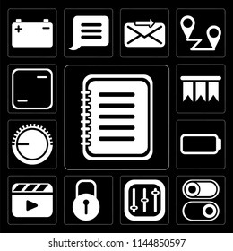 Set Of 13 simple editable icons such as Note, Switch, Controls, Locked, Video player, Battery, Volume control, Bookmark, Frame on black background