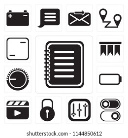 Set Of 13 simple editable icons such as Note, Switch, Controls, Locked, Video player, Battery, Volume control, Bookmark, Frame, web ui icon pack