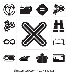 Set Of 13 simple editable icons such as Multiply, Picture, Reading, Notebook, Switch, Calendar, Infinity, Binoculars, Settings, web ui icon pack