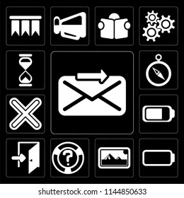 Set Of 13 simple editable icons such as Send, Battery, Photos, Help, Exit, Multiply, Compass, Hourglass on black background