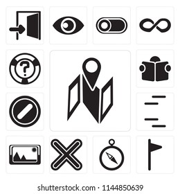 Set Of 13 simple editable icons such as Map, Flag, Compass, Multiply, Picture, Lines, Forbidden, Reading, Help, web ui icon pack