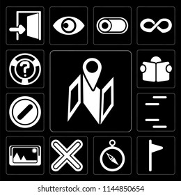 Set Of 13 simple editable icons such as Map, Flag, Compass, Multiply, Picture, Lines, Forbidden, Reading, Help on black background