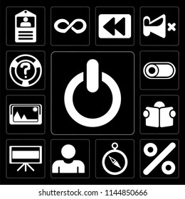 Set Of 13 simple editable icons such as Switch, Percent, Compass, User, Television, Reading, Picture, Help on black background