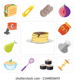 Set Of 13 simple editable icons such as Pancakes, Apple, Sushi, Spatula, Pasta, Salt, Pear, Jam, Seeds, web ui icon pack