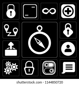 Set Of 13 simple editable icons such as Compass, Notification, Switch, Locked, Settings, User, Upload, Unlocked, Placeholders on black background