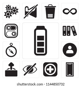 Set Of 13 simple editable icons such as Battery, Smartphone, Add, Hide, Upload, User, Compass, Archive, Switch, web ui icon pack